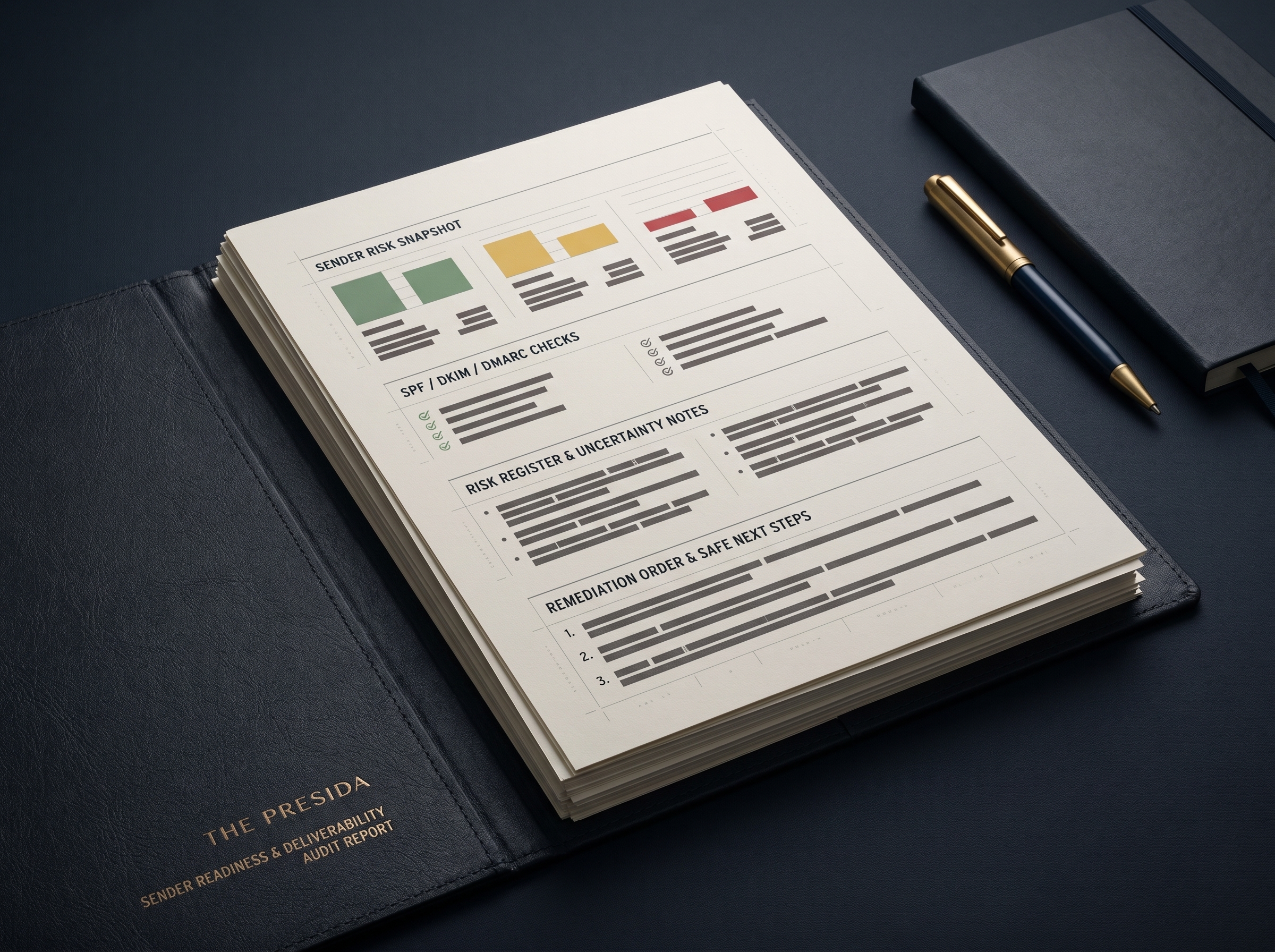 A redacted Sender Readiness Audit document showing the report header, observed findings, and a high-severity DMARC finding with a safe next step.