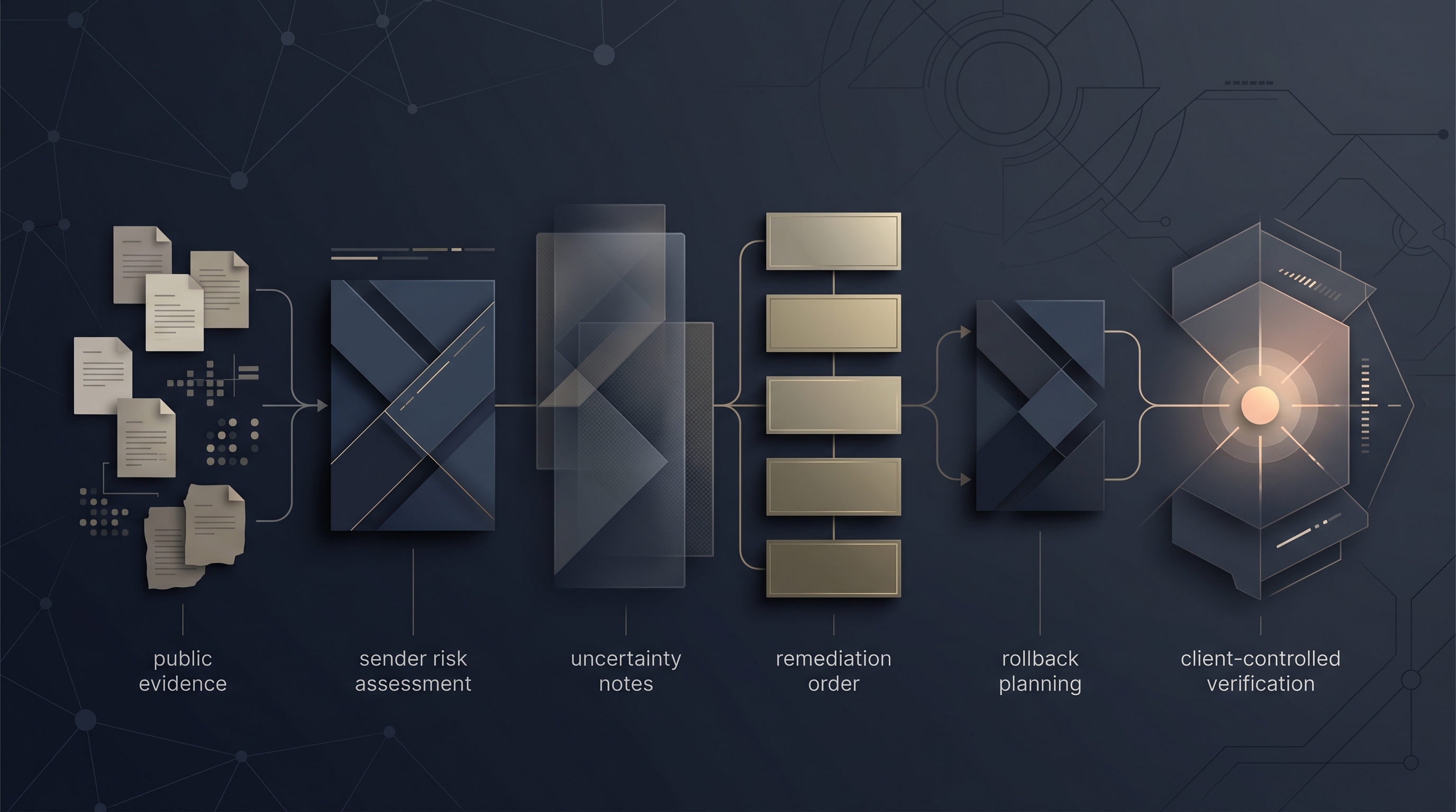 A safe remediation sequence shown as ordered steps: submit a domain, public signals reviewed, audit depth chosen, written audit delivered, and the client stays in control.